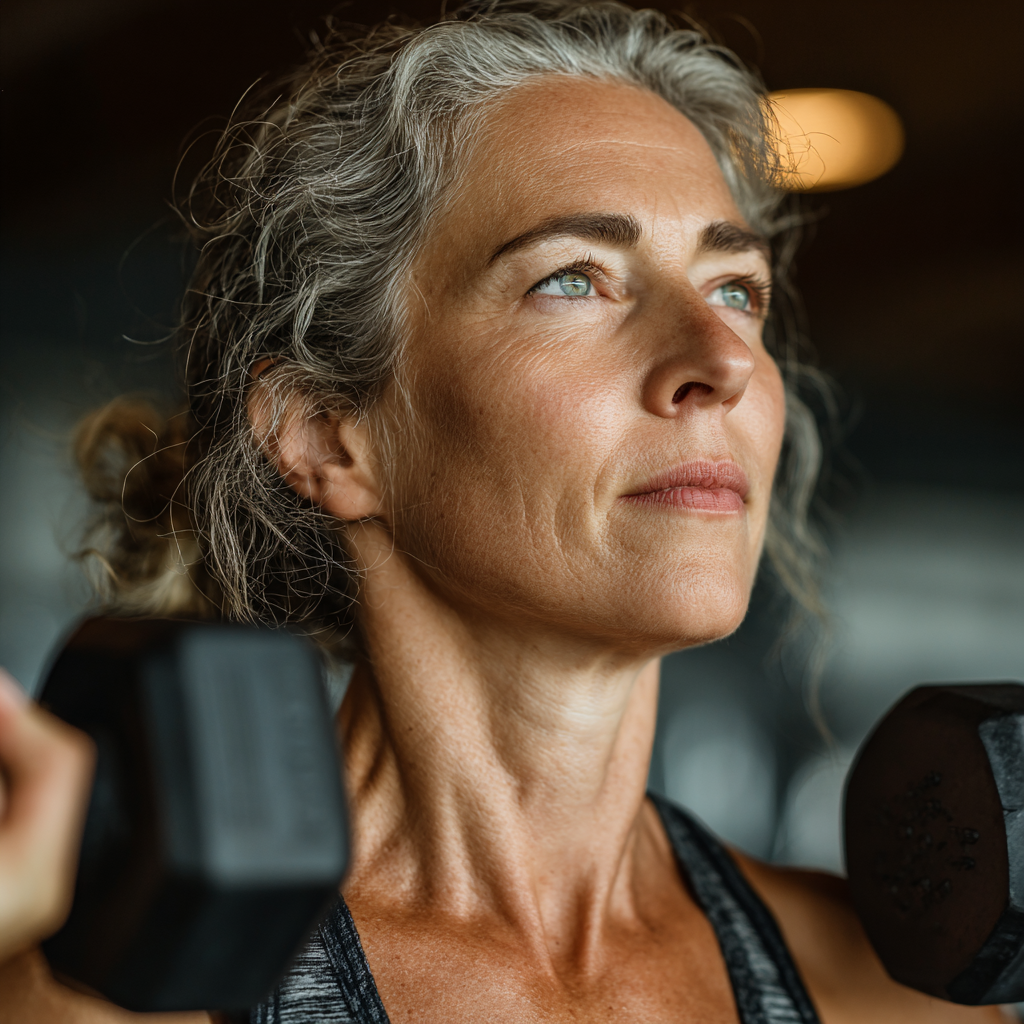 Mature woman in her 40s working out with dumbbells in a modern gym, focused expression, athletic wear, professional fitness environment